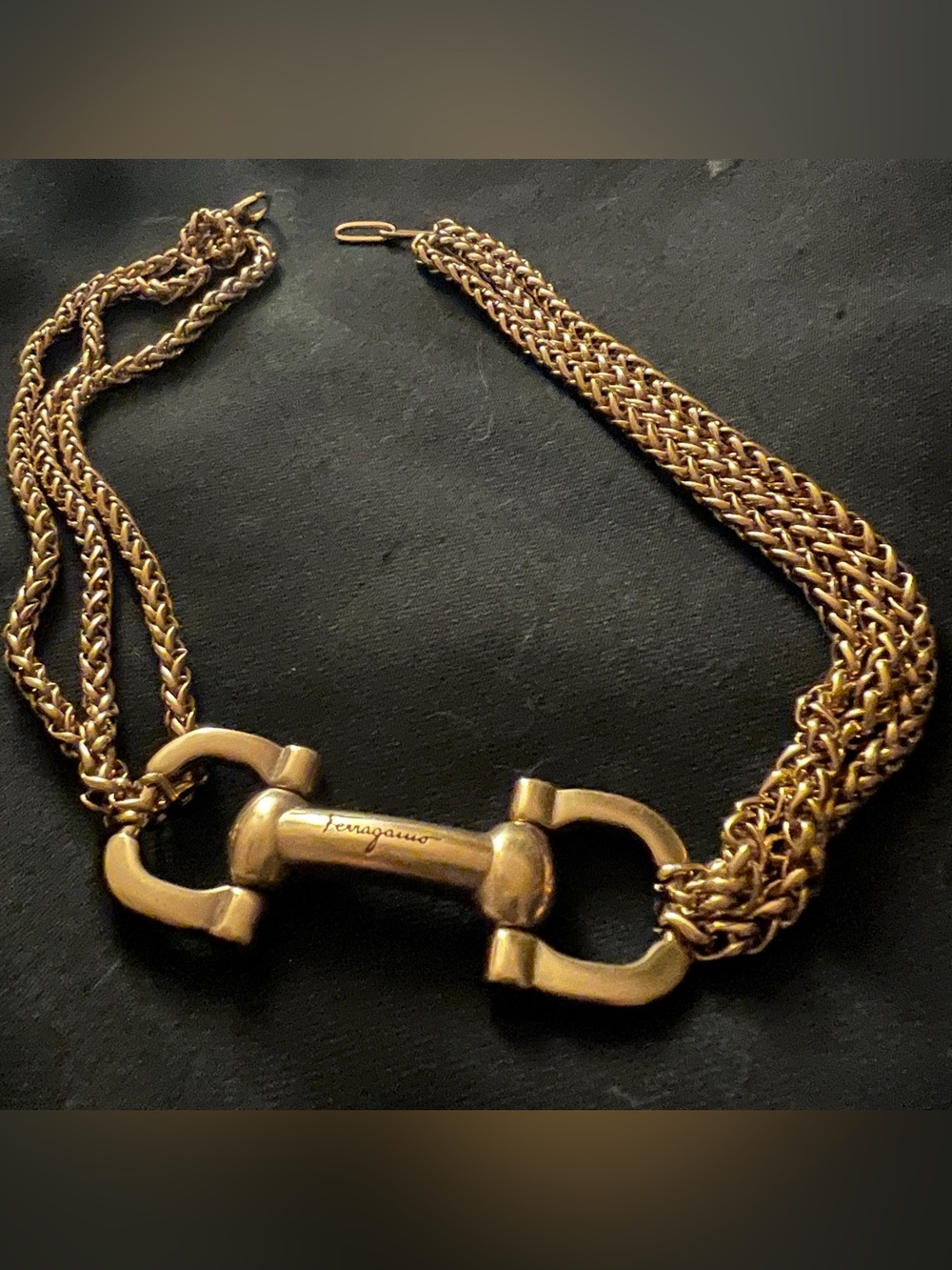 Ferragamo Necklace | Vintage Golden Gancini Horsebit & 15-16” Spiga Choker - Picture 5 of 12